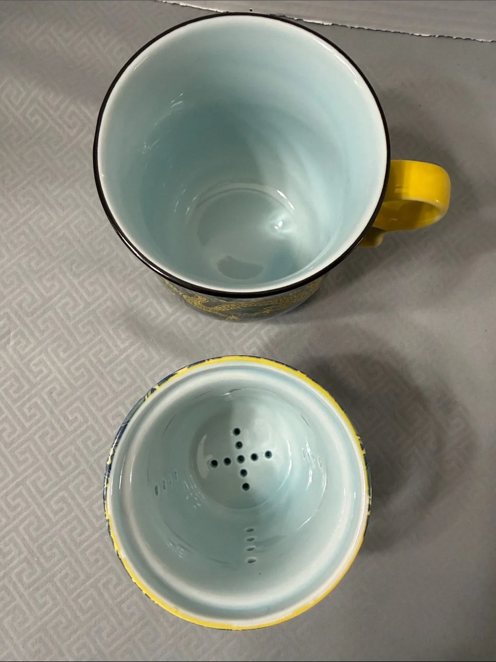 Porcelain Tea Cup Set Lid Saucer and Infuser Chinese Dragon Motif Yellow & Green